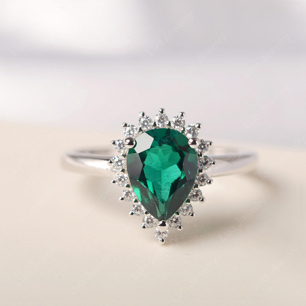 Lab Emerald Pear Halo Engagement Ring Silver - LUO Jewelry