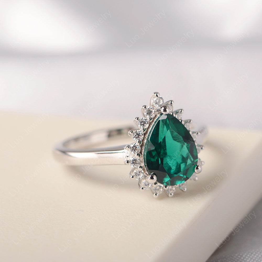 Lab Emerald Pear Halo Engagement Ring Silver - LUO Jewelry