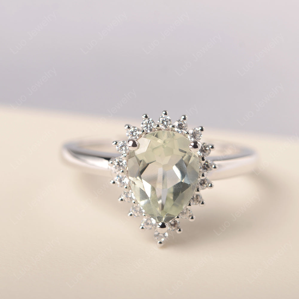 Green Amethyst Pear Halo Engagement Ring Silver - LUO Jewelry