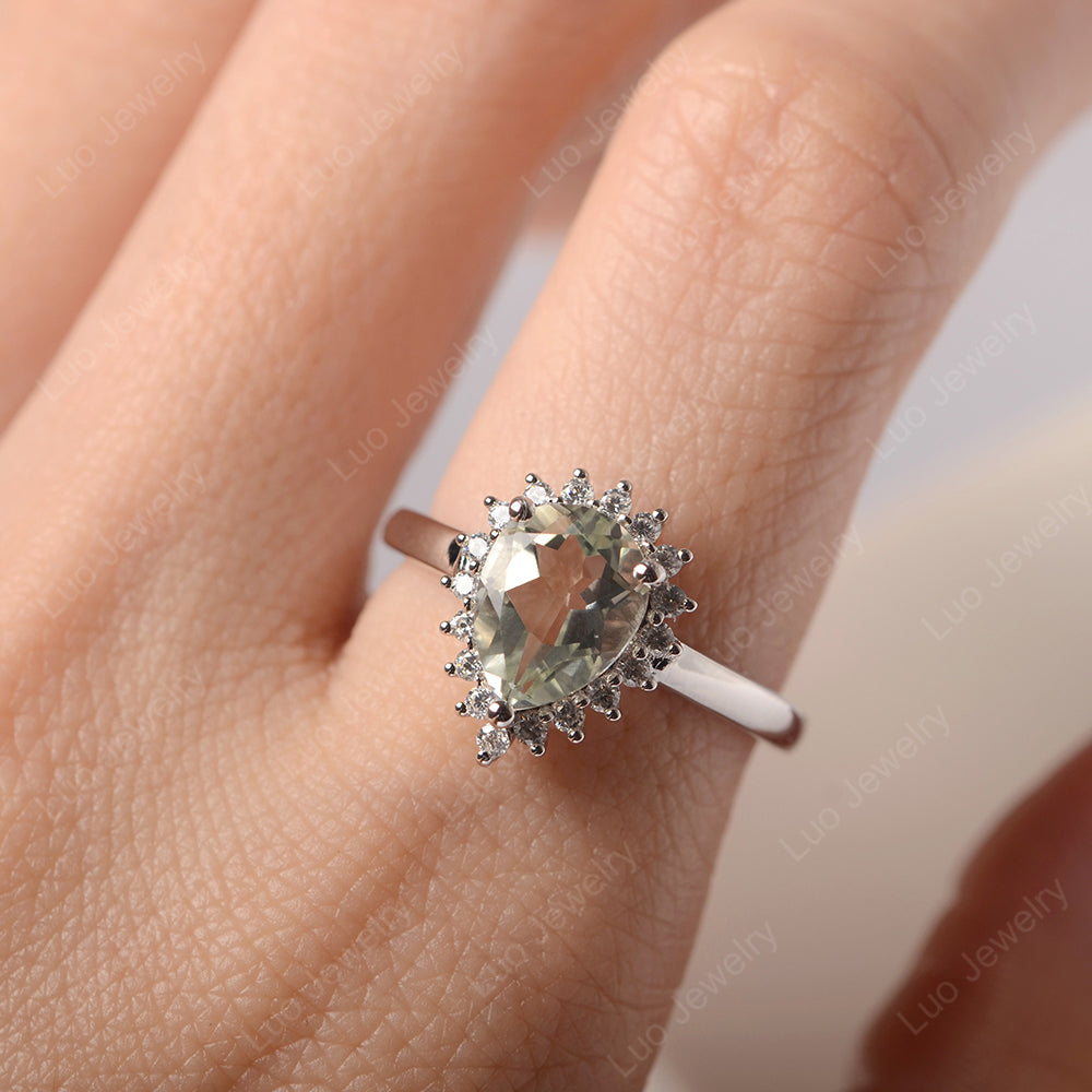 Green Amethyst Pear Halo Engagement Ring Silver - LUO Jewelry