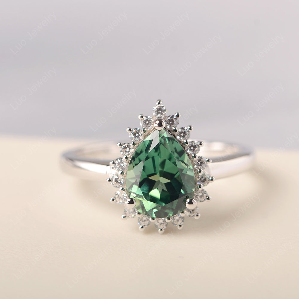 Green Sapphire Pear Halo Engagement Ring Silver - LUO Jewelry