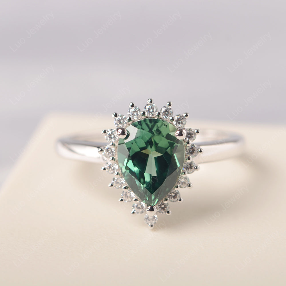 Green Sapphire Pear Halo Engagement Ring Silver - LUO Jewelry