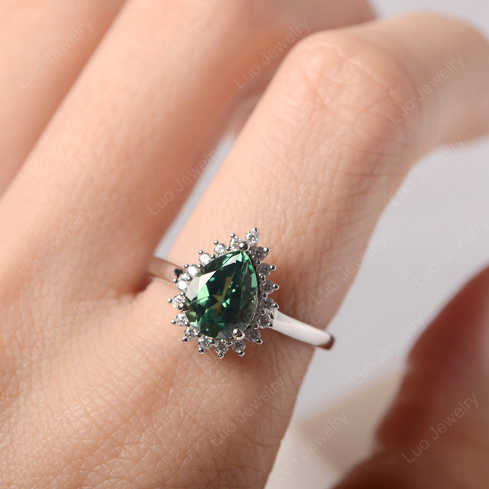 Green Sapphire Pear Halo Engagement Ring Silver - LUO Jewelry