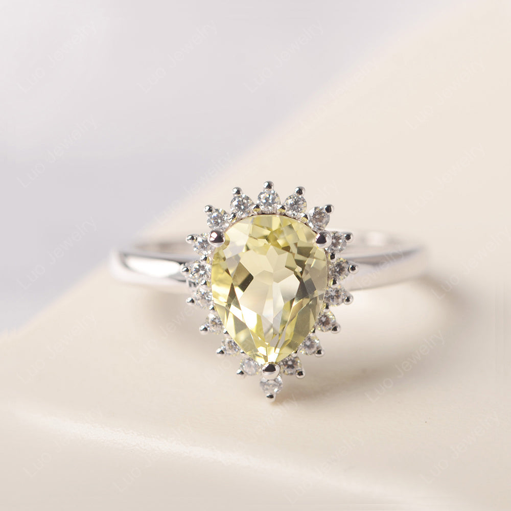 Lemon Quartz Pear Halo Engagement Ring Silver - LUO Jewelry