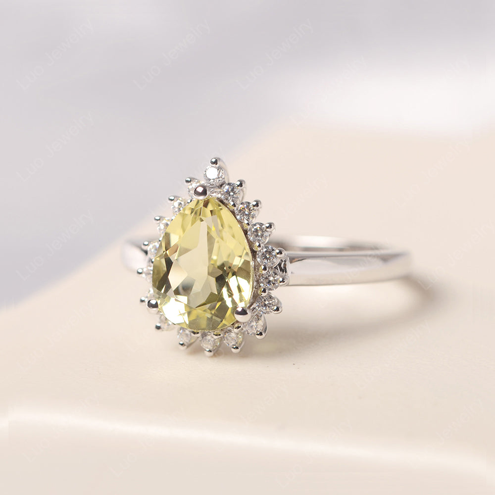 Lemon Quartz Pear Halo Engagement Ring Silver - LUO Jewelry