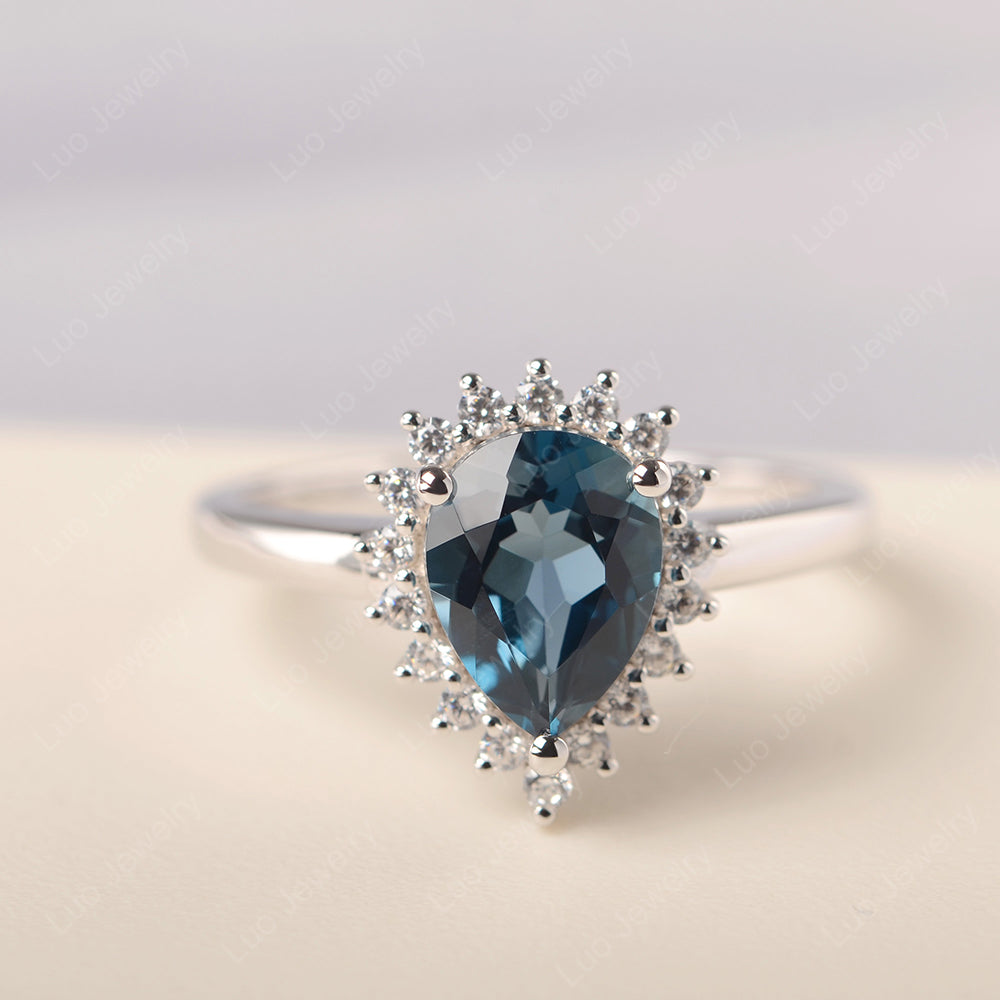 London Blue Topaz Pear Halo Engagement Ring Silver - LUO Jewelry