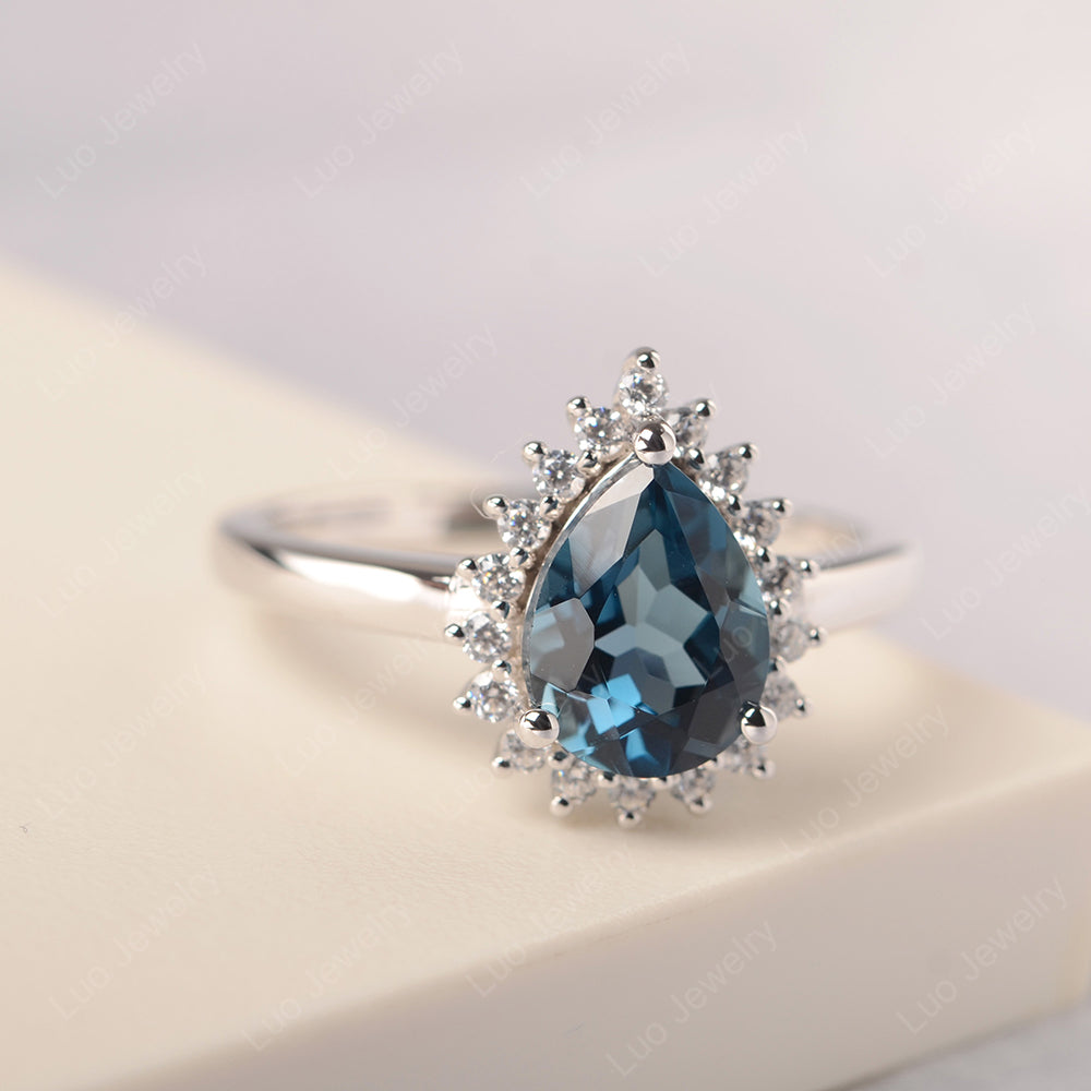 London Blue Topaz Pear Halo Engagement Ring Silver - LUO Jewelry