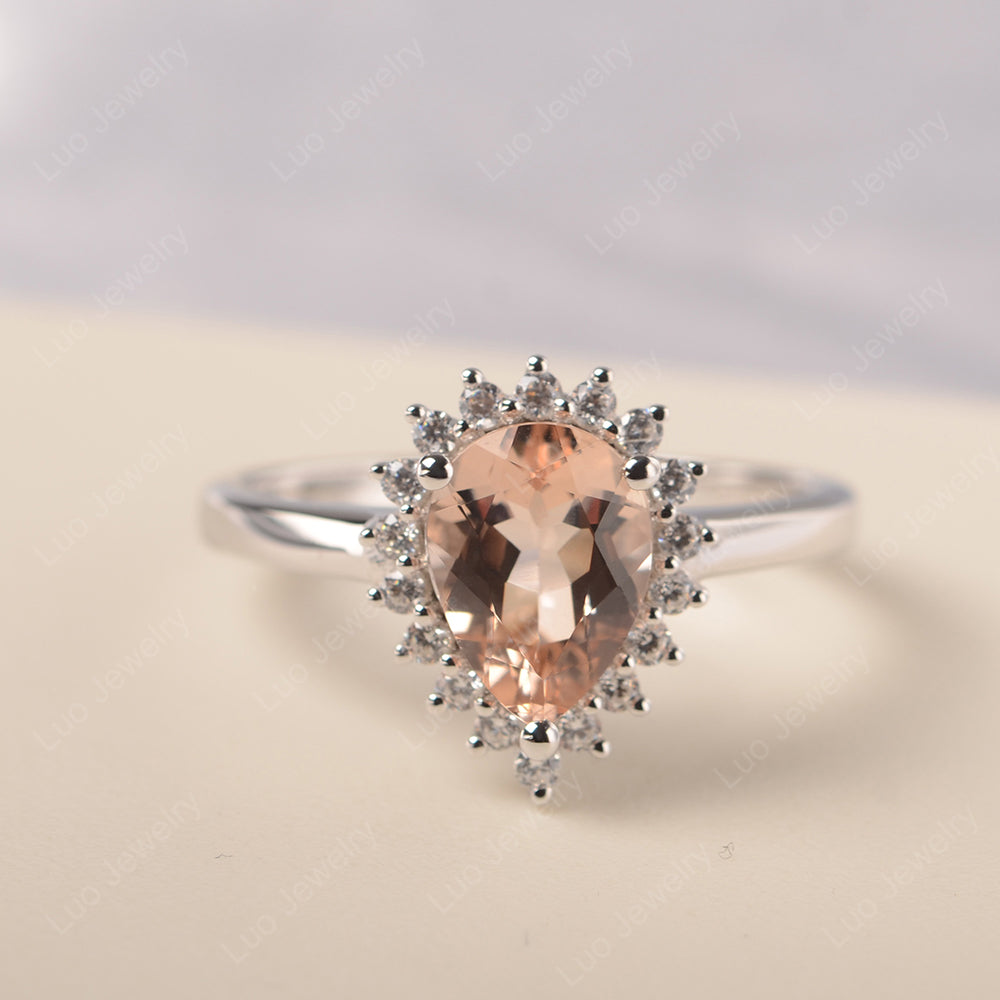 Morganite Pear Halo Engagement Ring Silver - LUO Jewelry