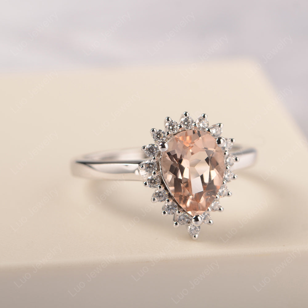 Morganite Pear Halo Engagement Ring Silver - LUO Jewelry