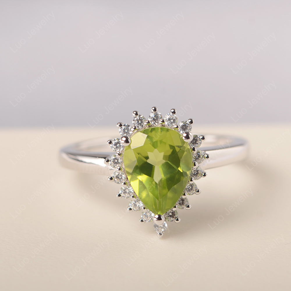 Peridot Pear Halo Engagement Ring Silver - LUO Jewelry