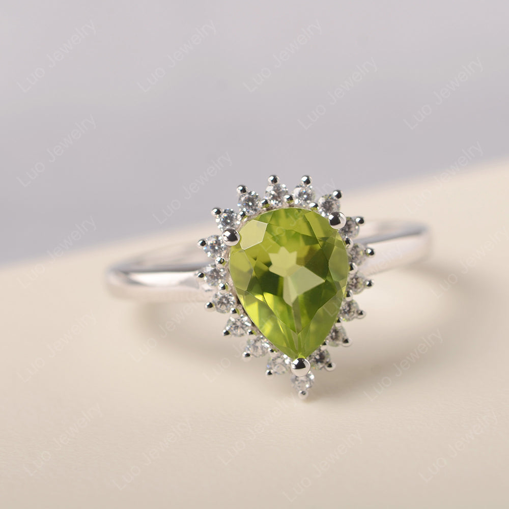 Peridot Pear Halo Engagement Ring Silver - LUO Jewelry