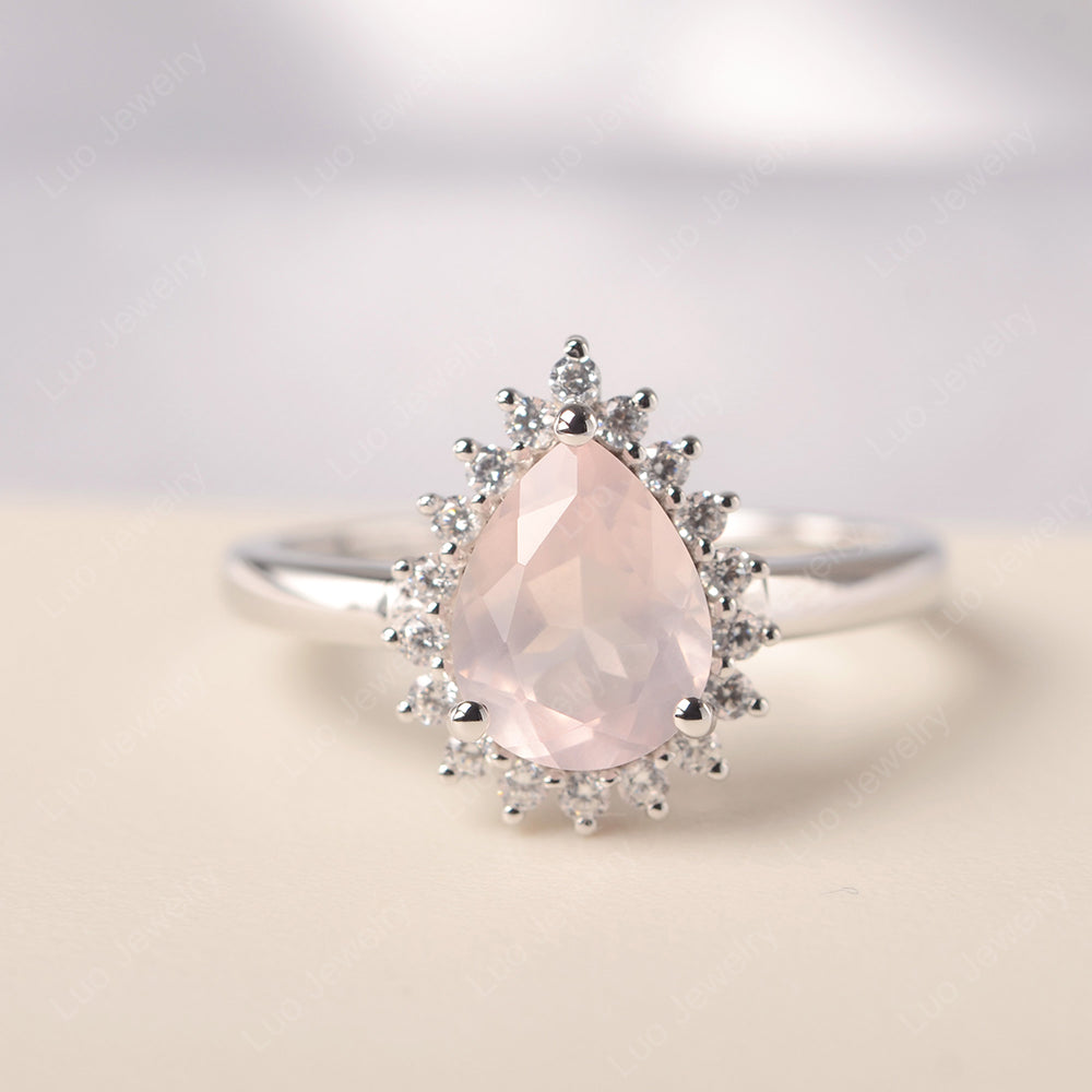Rose Quartz Pear Halo Engagement Ring Silver - LUO Jewelry