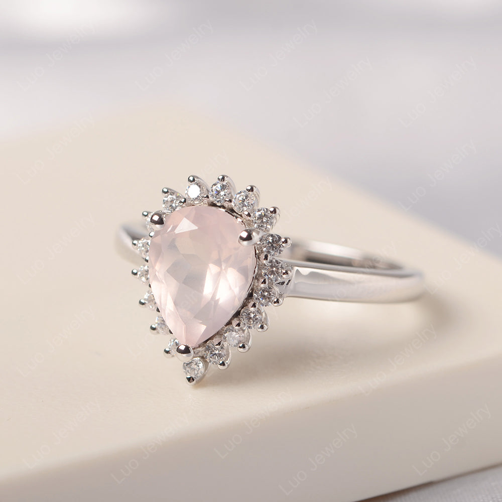 Rose Quartz Pear Halo Engagement Ring Silver - LUO Jewelry