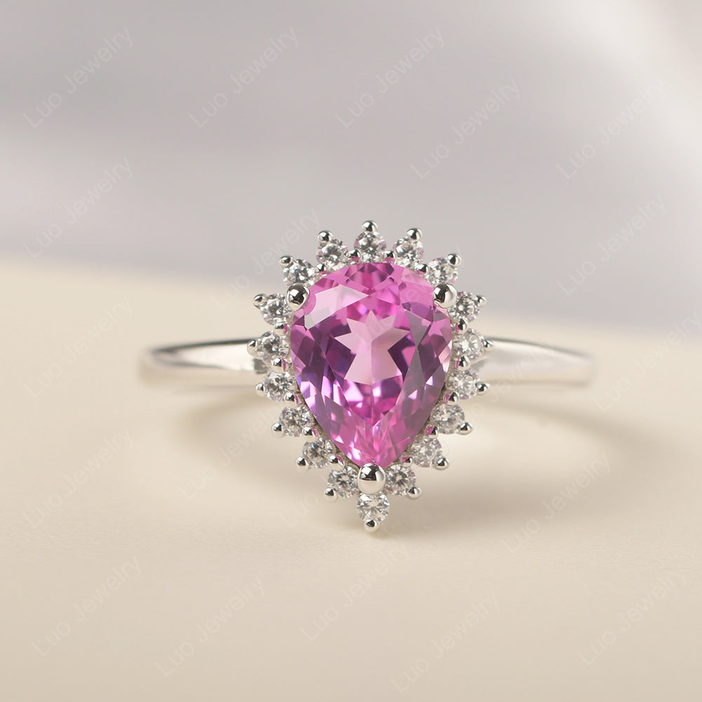 Pink Sapphire Pear Halo Engagement Ring Silver - LUO Jewelry