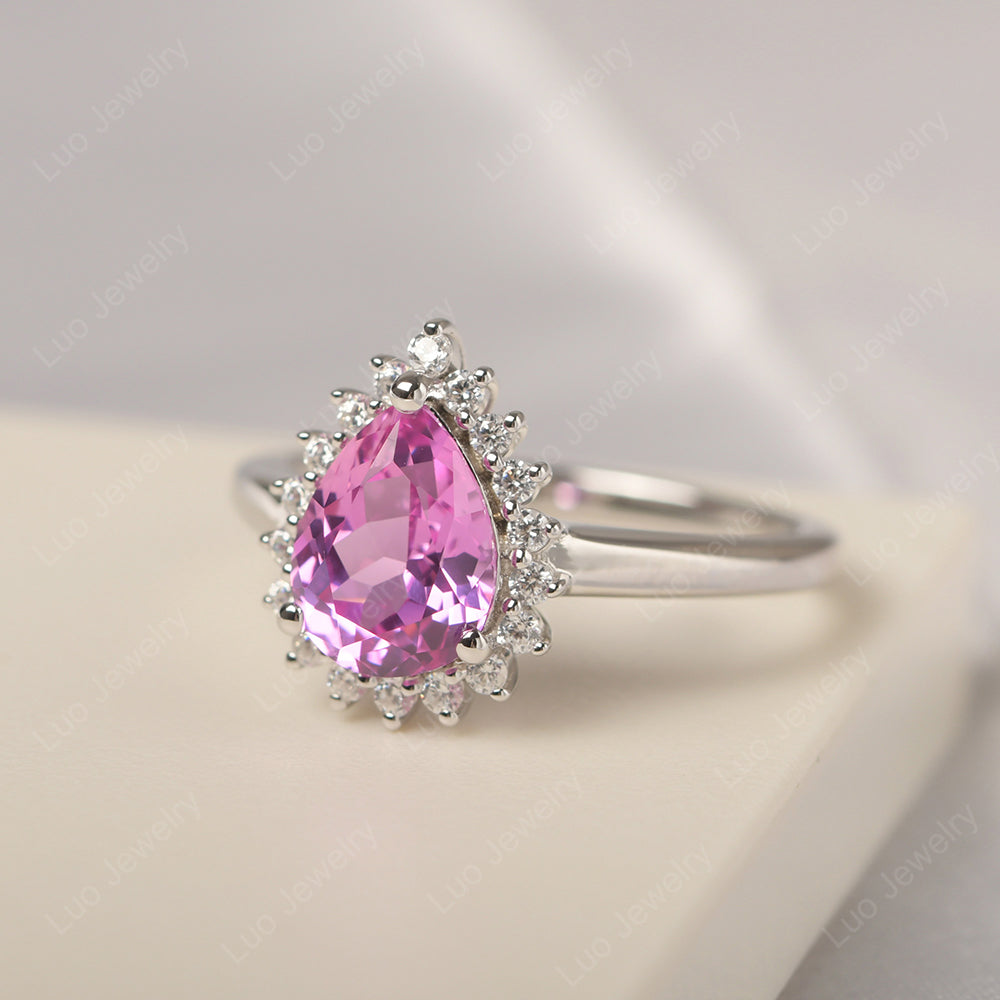 Pink Sapphire Pear Halo Engagement Ring Silver - LUO Jewelry