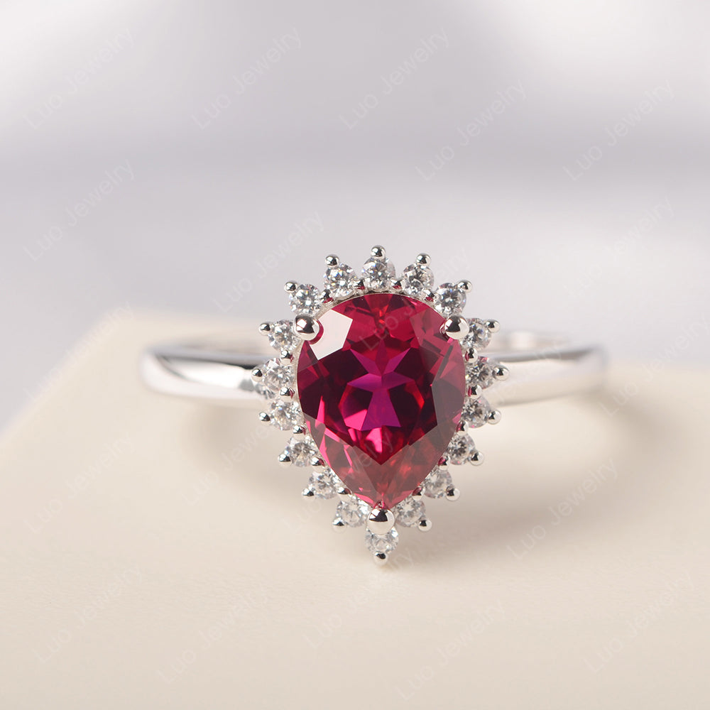 Ruby Pear Halo Engagement Ring Silver - LUO Jewelry