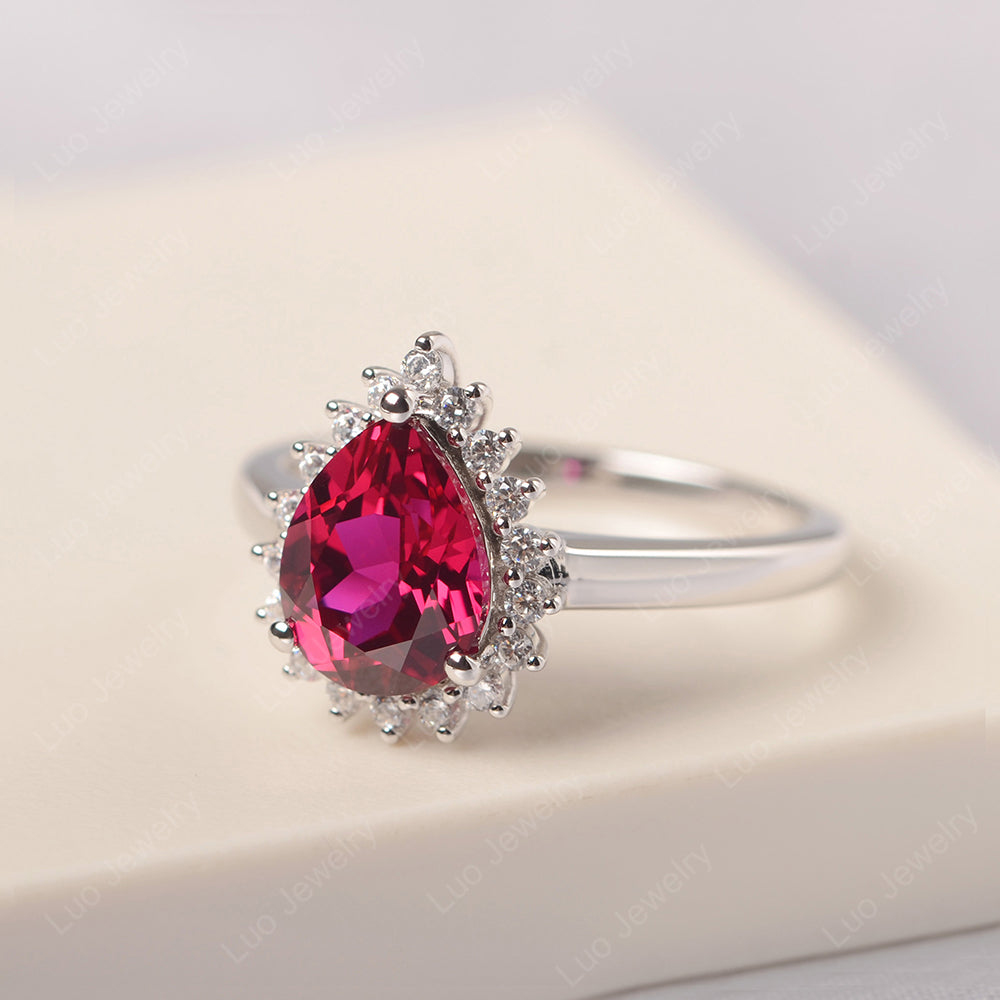 Ruby Pear Halo Engagement Ring Silver - LUO Jewelry