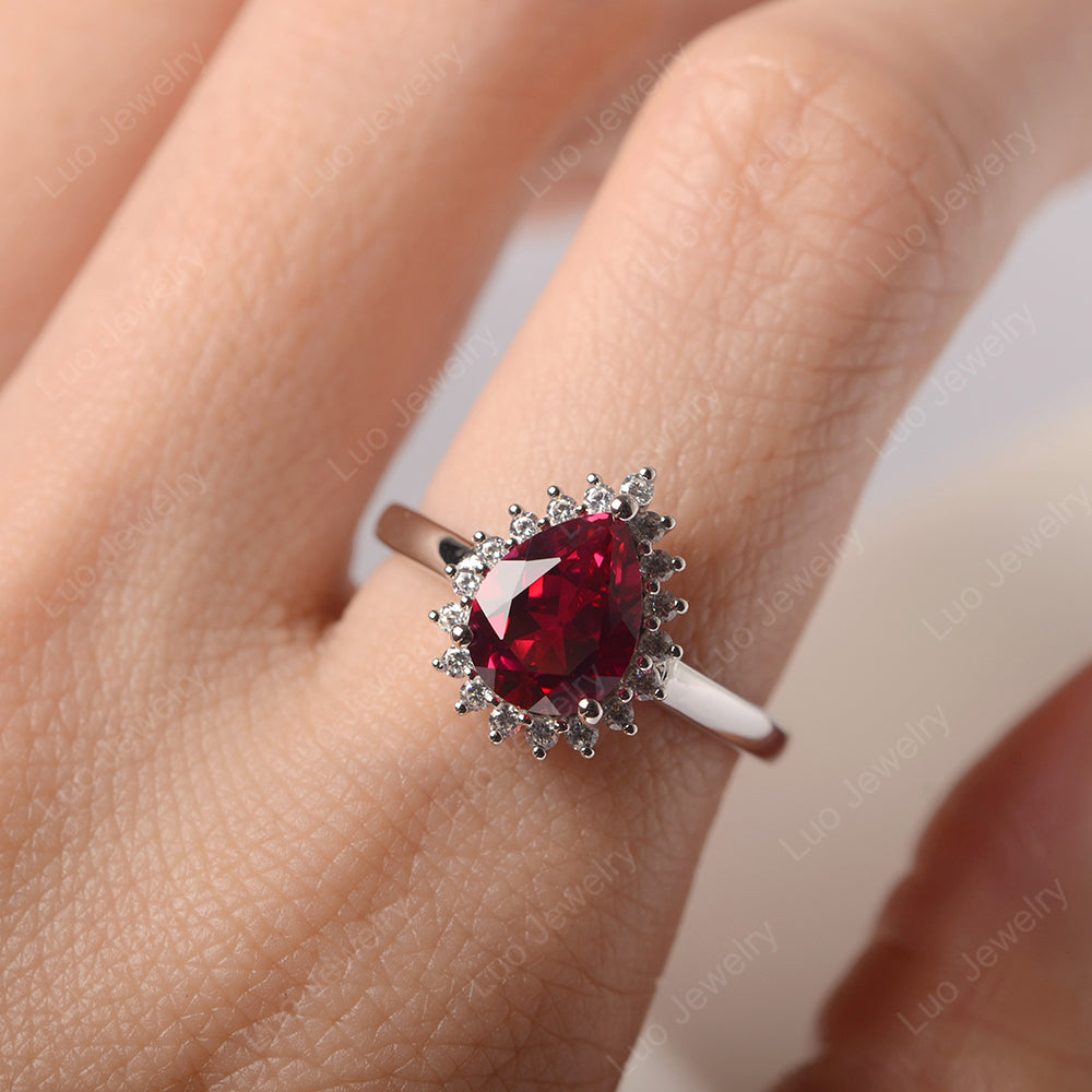 Ruby Pear Halo Engagement Ring Silver - LUO Jewelry