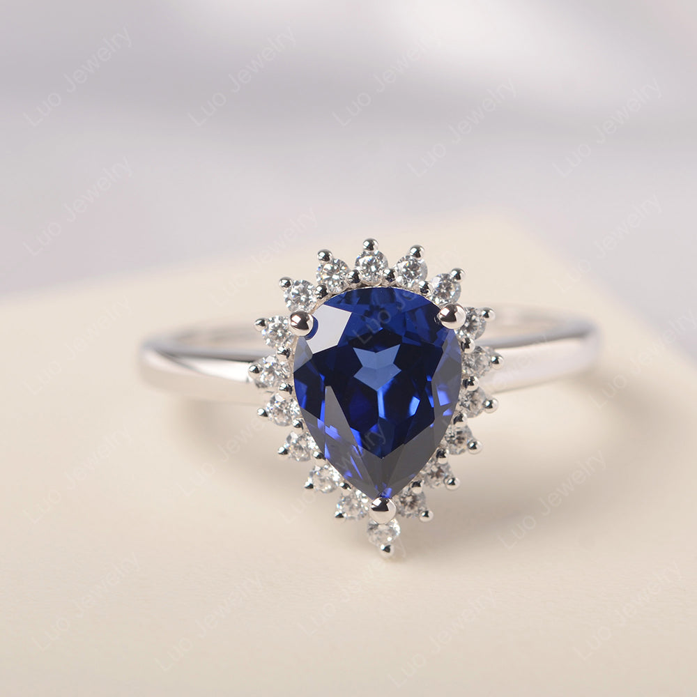 Lab Sapphire Pear Halo Engagement Ring Silver - LUO Jewelry