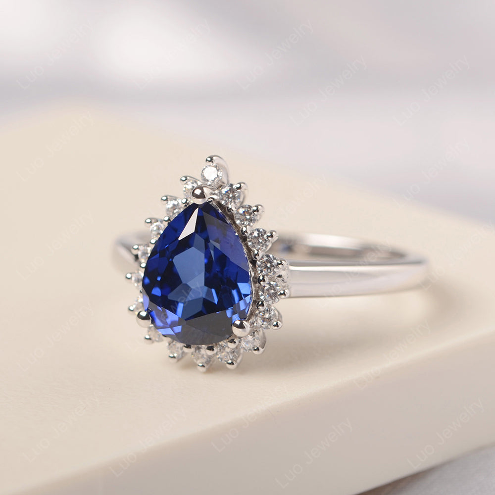 Lab Sapphire Pear Halo Engagement Ring Silver - LUO Jewelry