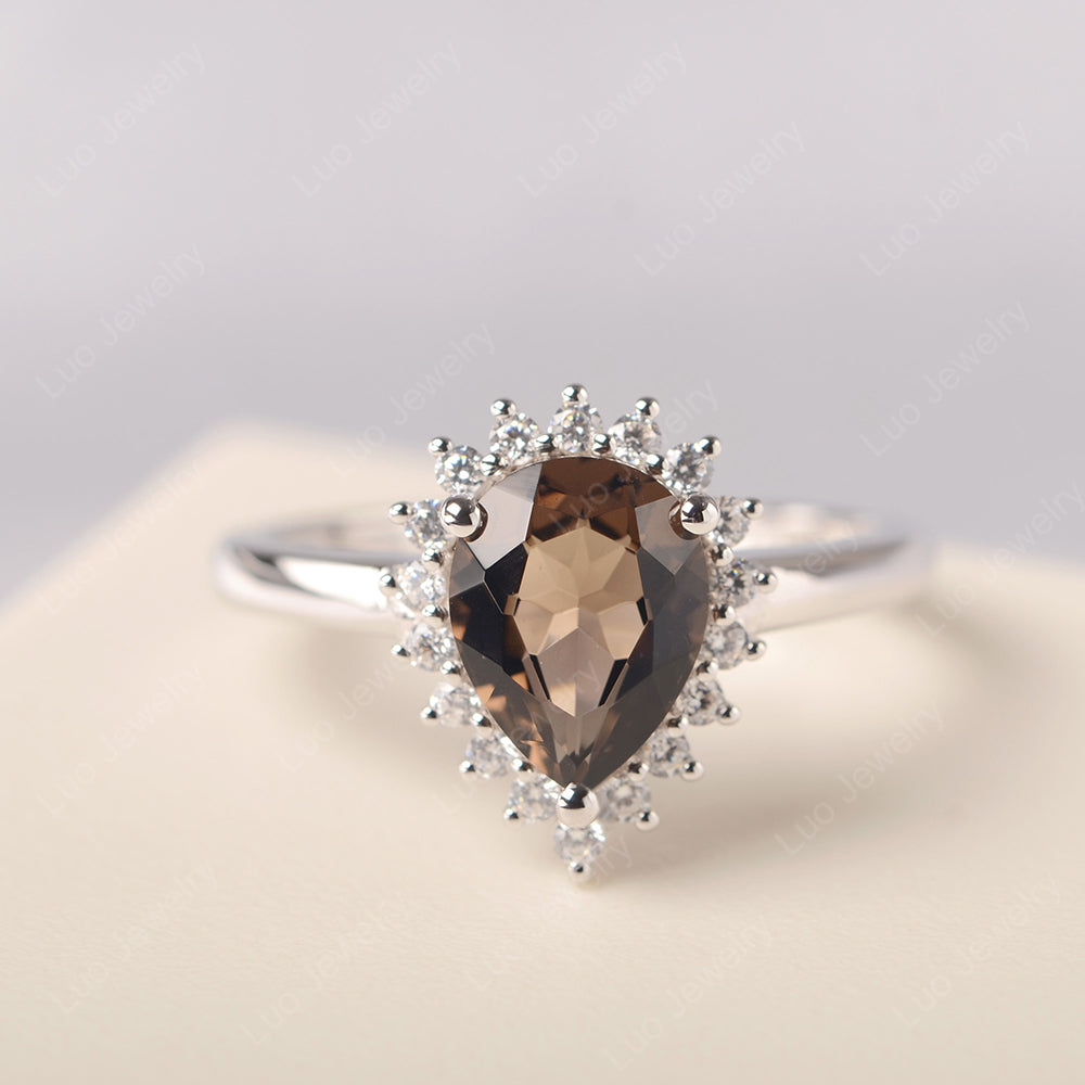 Smoky Quartz  Pear Halo Engagement Ring Silver - LUO Jewelry