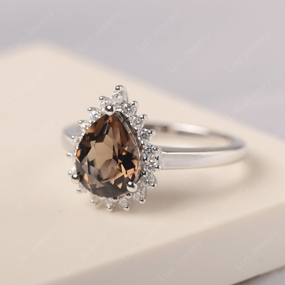 Smoky Quartz  Pear Halo Engagement Ring Silver - LUO Jewelry