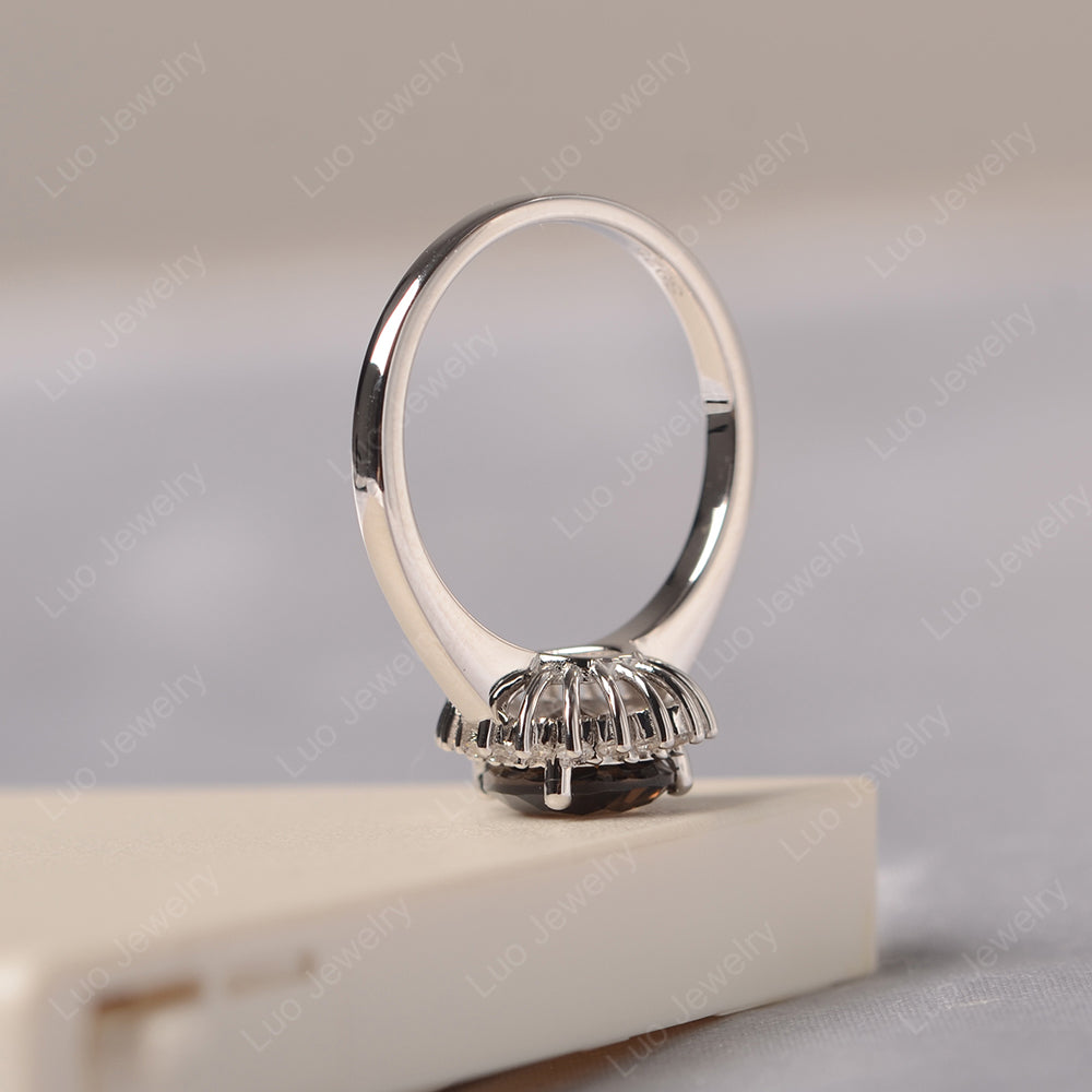Smoky Quartz  Pear Halo Engagement Ring Silver - LUO Jewelry