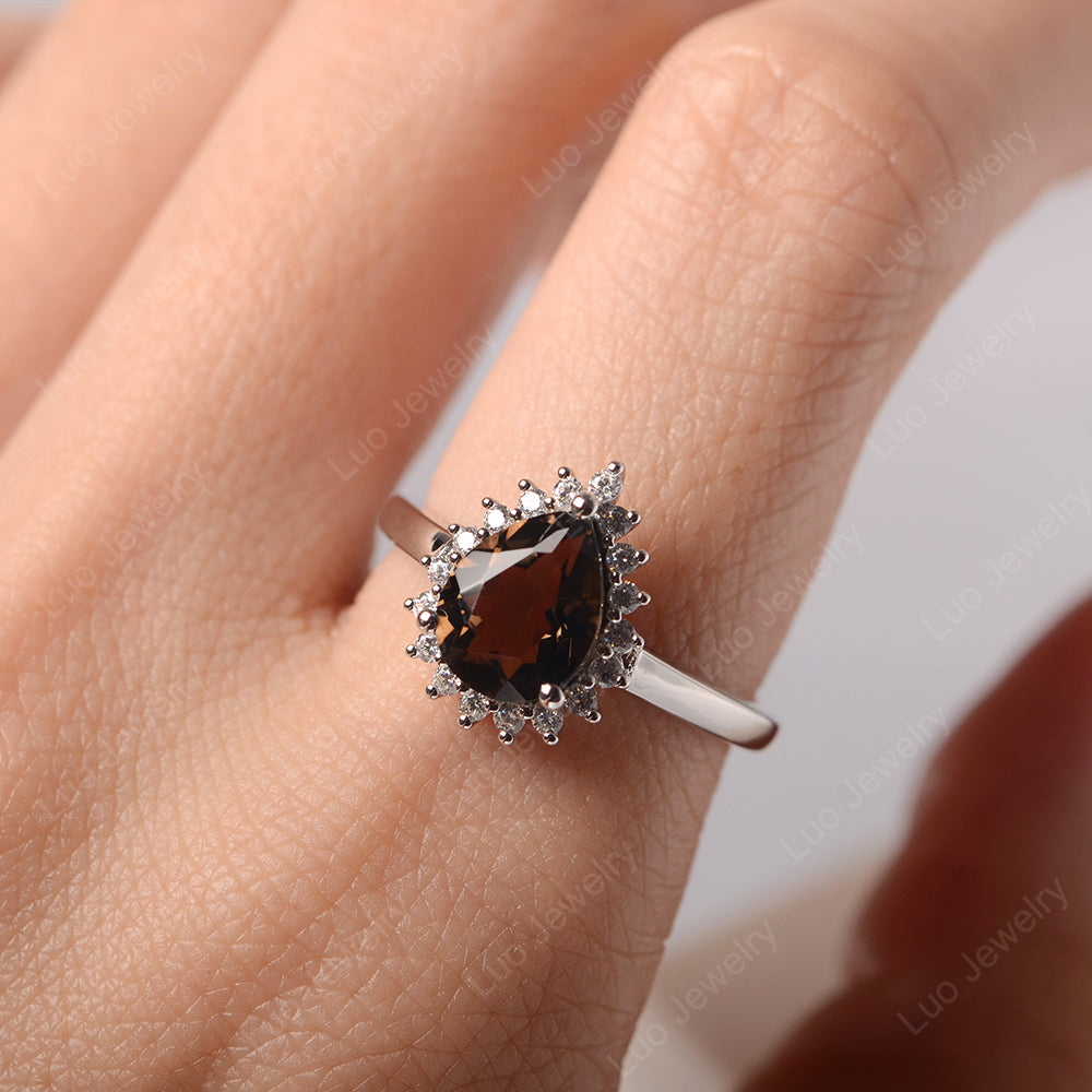 Smoky Quartz  Pear Halo Engagement Ring Silver - LUO Jewelry