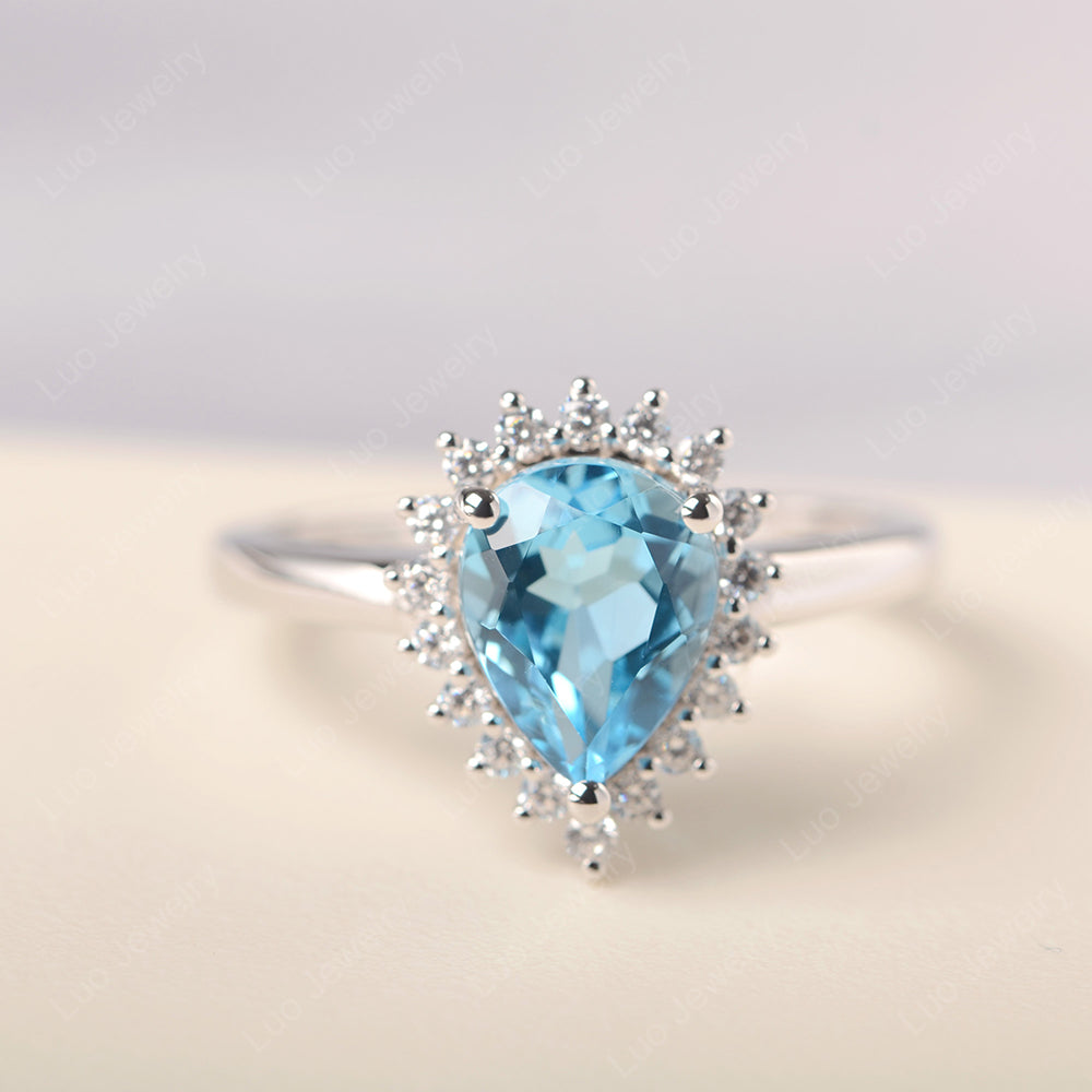 Swiss Blue Topaz Pear Halo Engagement Ring Silver - LUO Jewelry