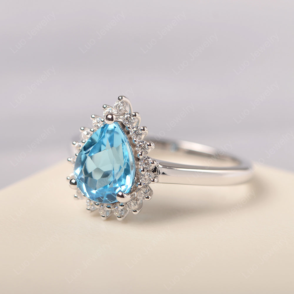Swiss Blue Topaz Pear Halo Engagement Ring Silver - LUO Jewelry