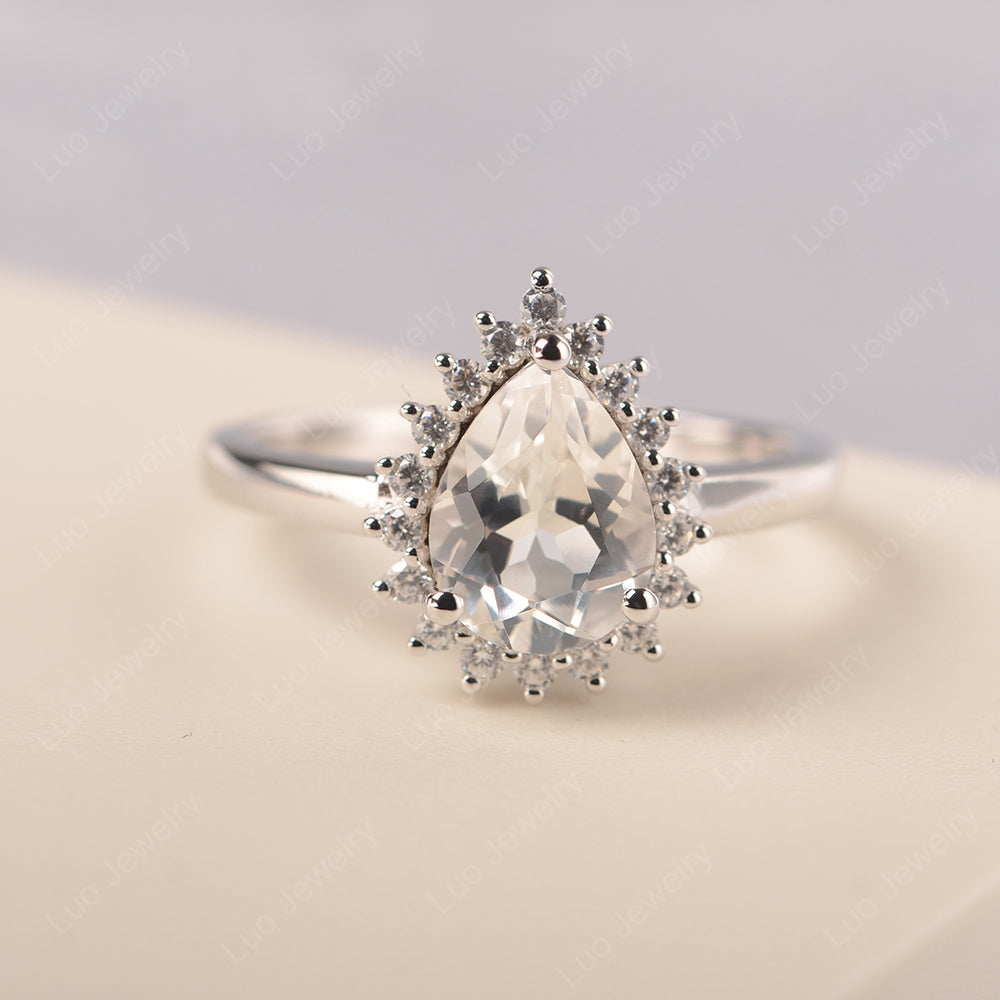 White Topaz Pear Halo Engagement Ring Silver - LUO Jewelry