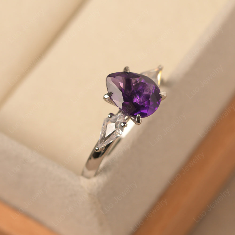 Pear Shaped Amethyst Ring With Kite Side Stone - LUO Jewelry