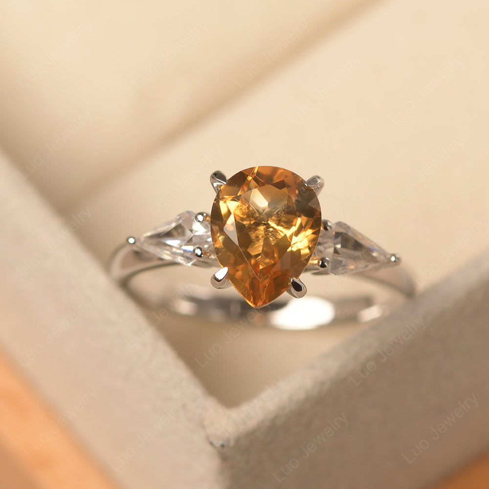 Pear Shaped Citrine Ring With Kite Side Stone - LUO Jewelry