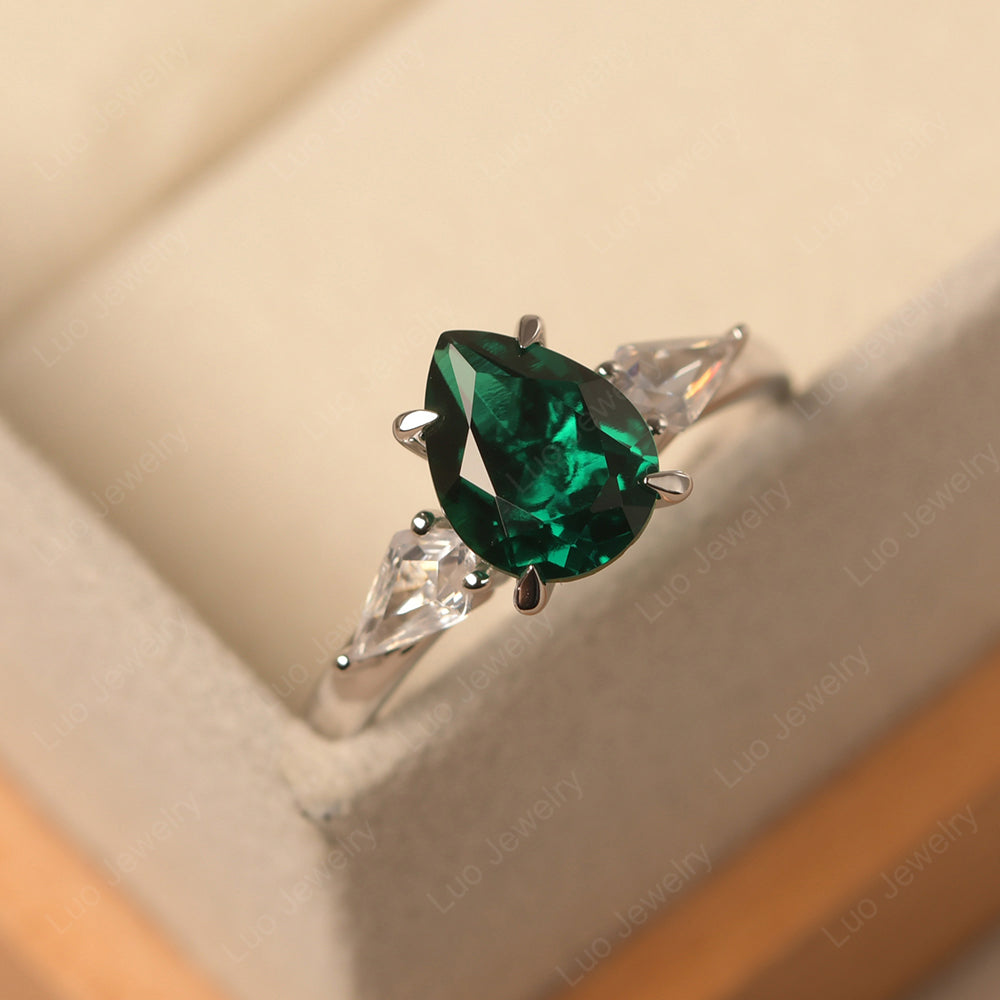 Pear Shaped Lab Emerald Ring With Kite Side Stone - LUO Jewelry
