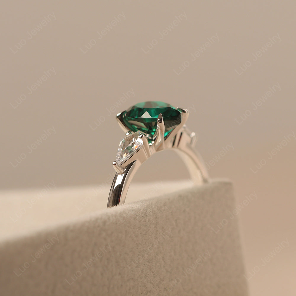 Pear Shaped Lab Emerald Ring With Kite Side Stone - LUO Jewelry