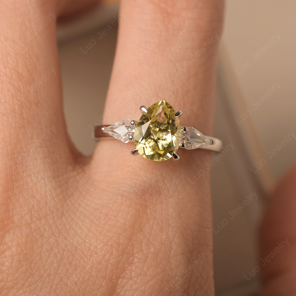 Pear Shaped Lemon Quartz Ring With Kite Side Stone - LUO Jewelry