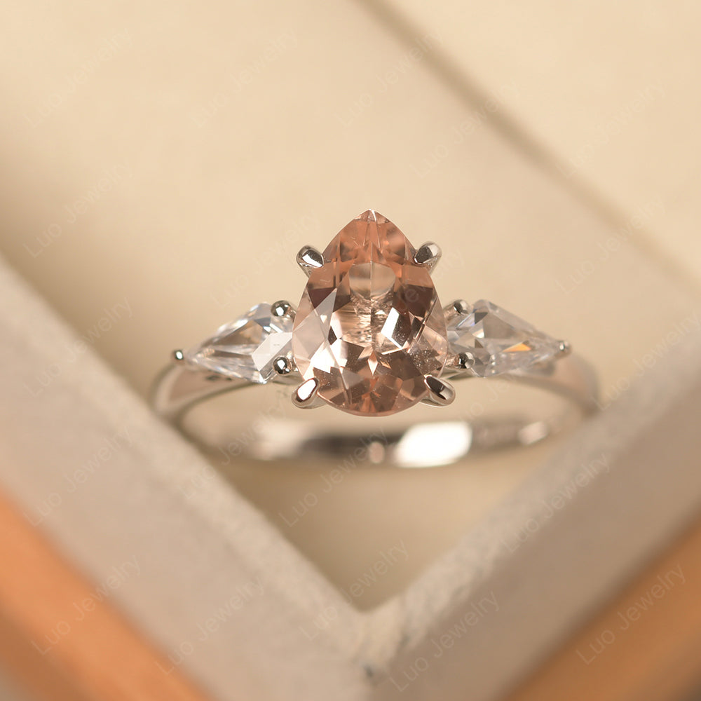 Pear Shaped Morganite Ring With Kite Side Stone - LUO Jewelry