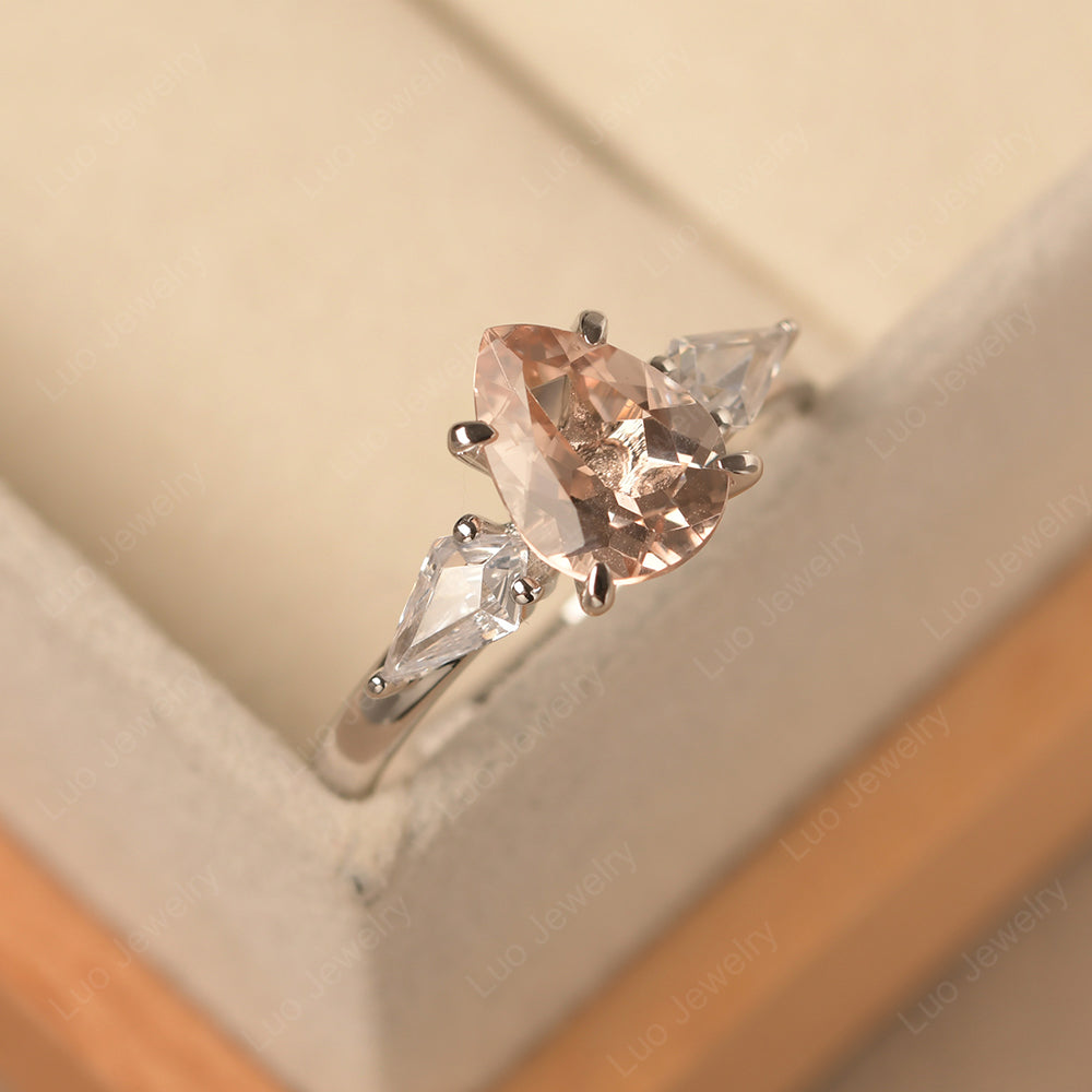 Pear Shaped Morganite Ring With Kite Side Stone - LUO Jewelry