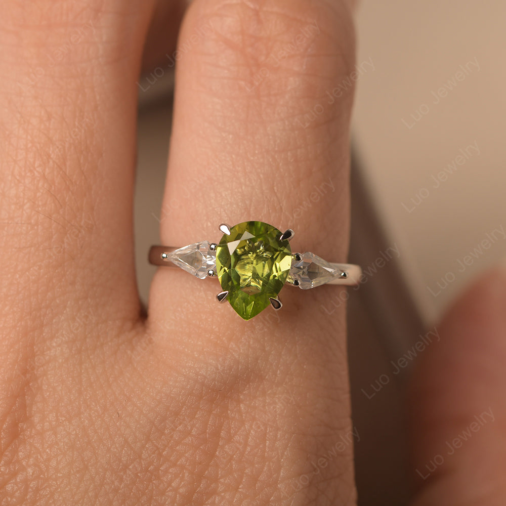 Pear Shaped Peridot Ring With Kite Side Stone - LUO Jewelry