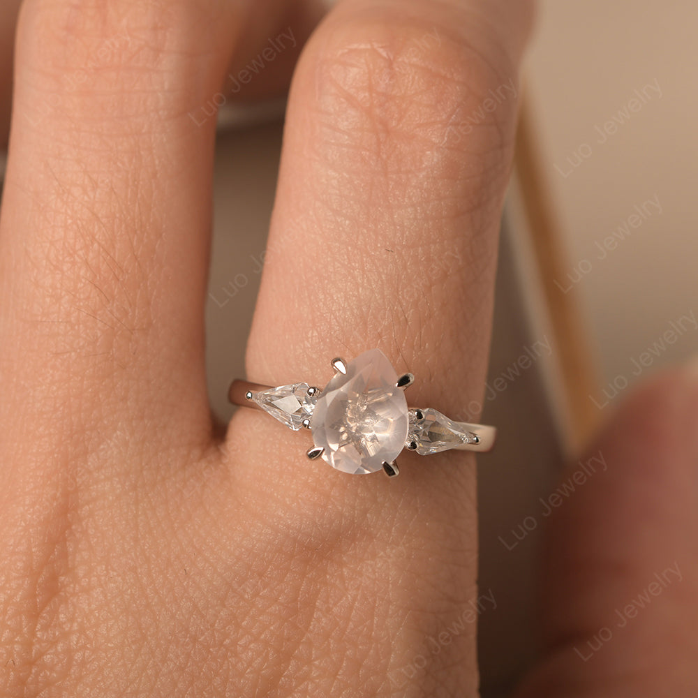 Pear Shaped Rose Quartz Ring With Kite Side Stone - LUO Jewelry