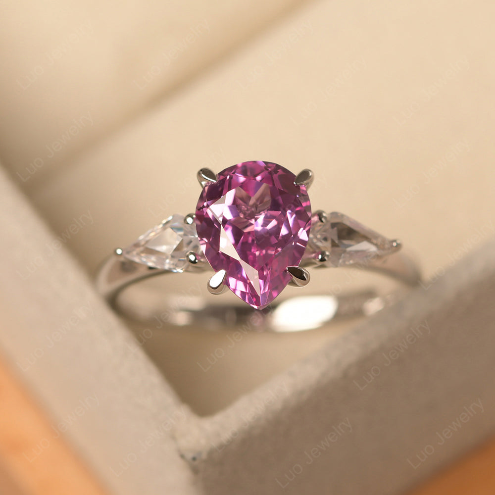 Pear Shaped Pink Sapphire Ring With Kite Side Stone - LUO Jewelry