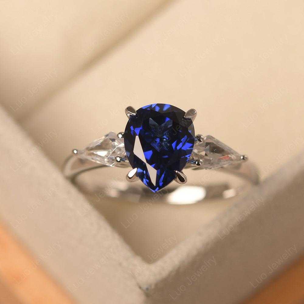 Pear Shaped Lab Sapphire Ring With Kite Side Stone - LUO Jewelry