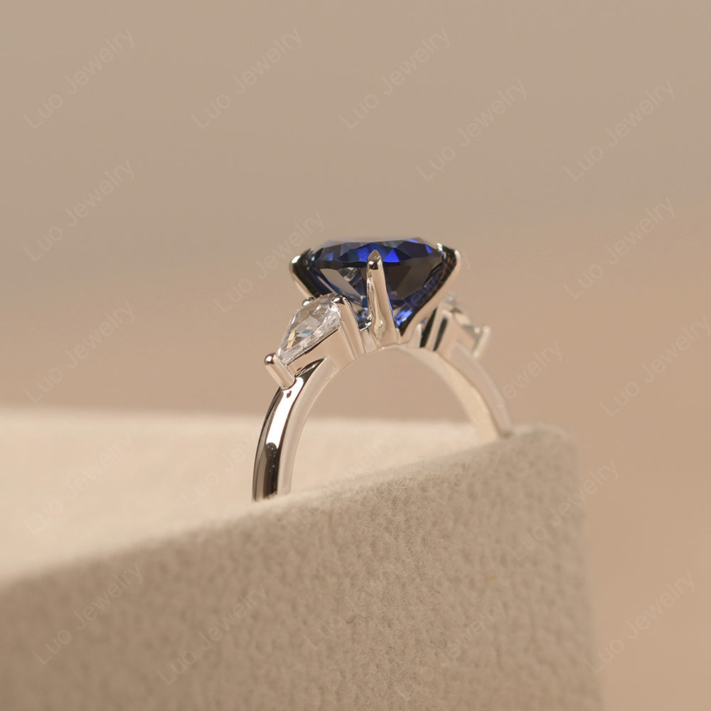 Pear Shaped Lab Sapphire Ring With Kite Side Stone - LUO Jewelry
