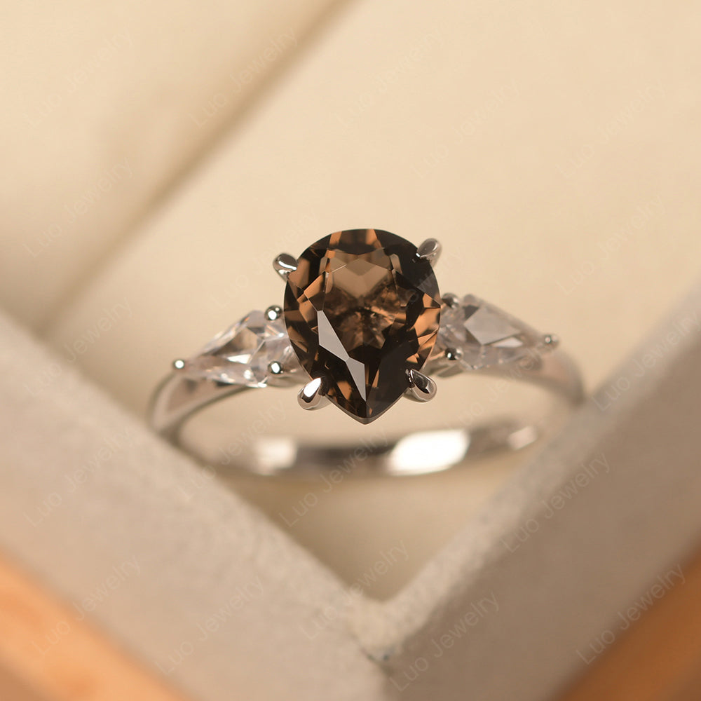 Pear Shaped Smoky Quartz  Ring With Kite Side Stone - LUO Jewelry
