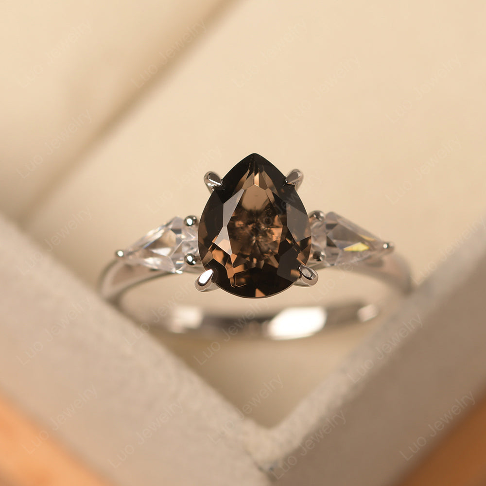 Pear Shaped Smoky Quartz  Ring With Kite Side Stone - LUO Jewelry