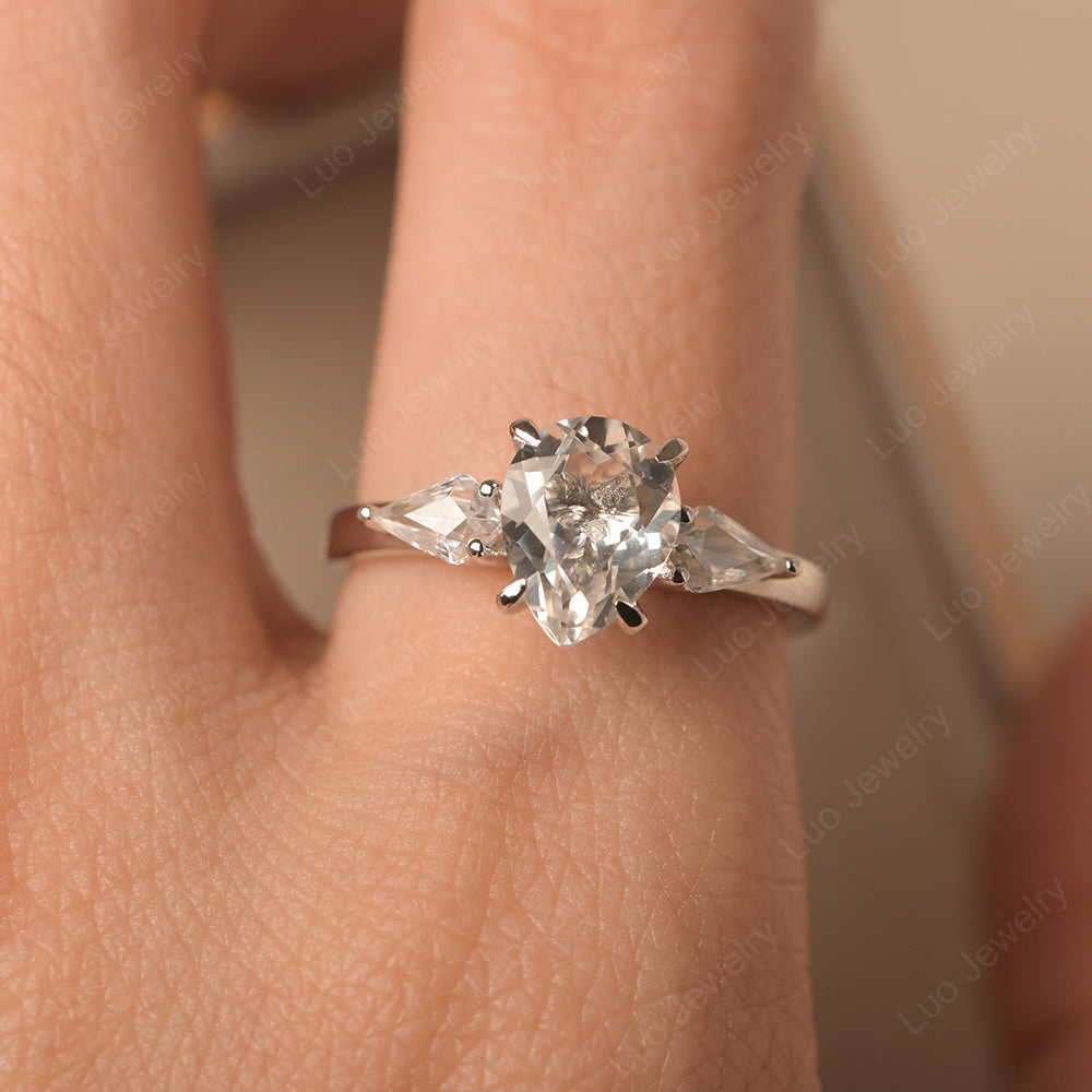 Pear Shaped White Topaz Ring With Kite Side Stone - LUO Jewelry