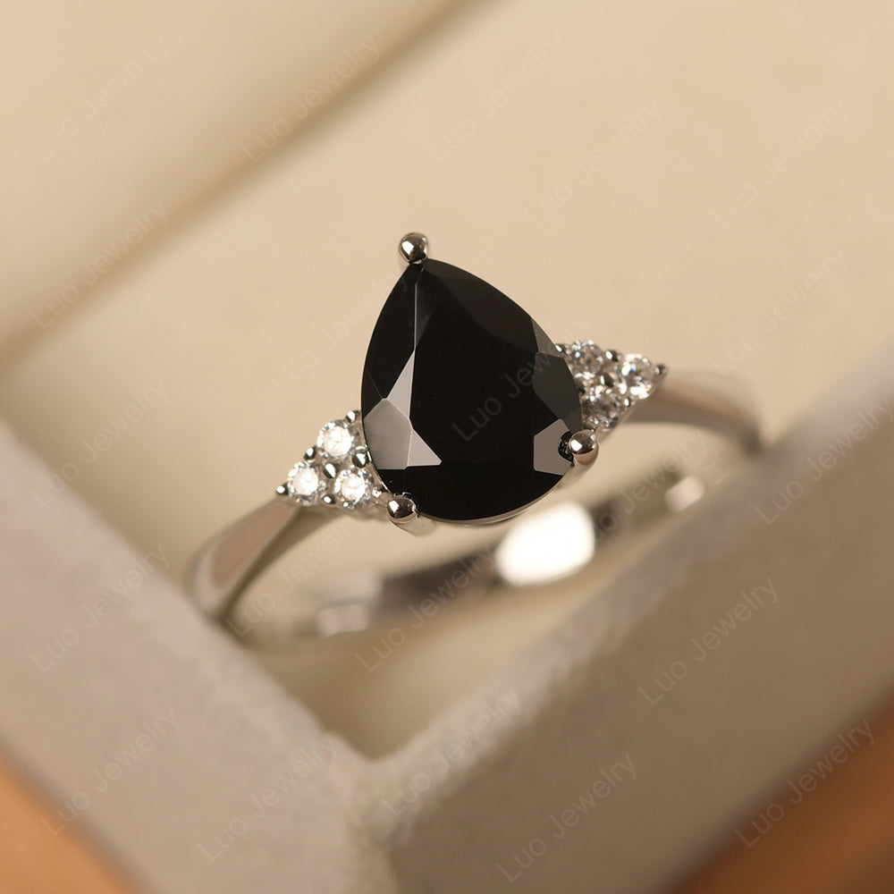 Pear Black Spinel Wedding Ring White Gold - LUO Jewelry