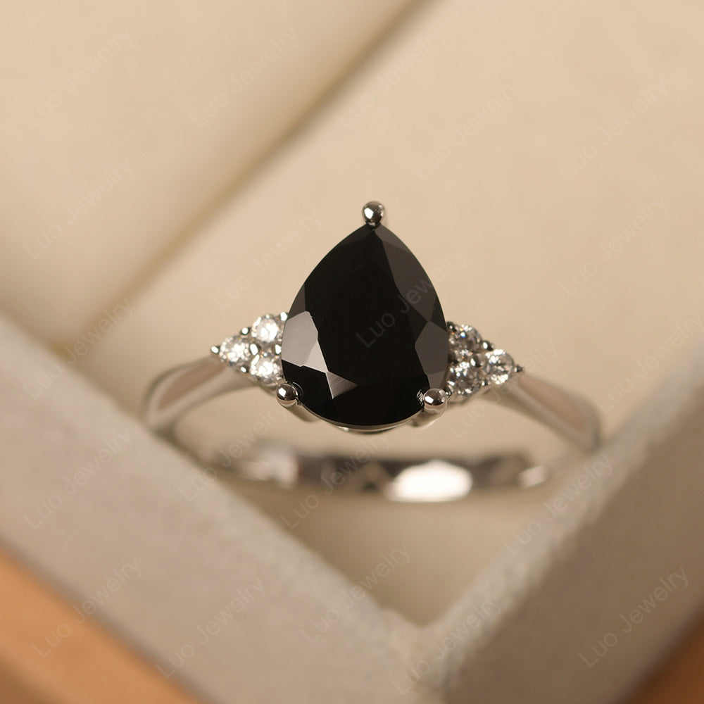 Pear Black Spinel Wedding Ring White Gold - LUO Jewelry