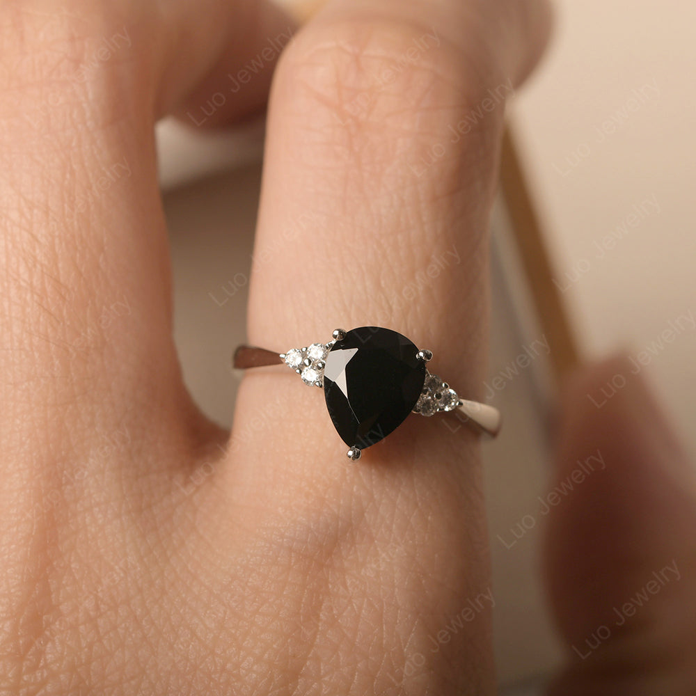 Pear Black Spinel Wedding Ring White Gold - LUO Jewelry