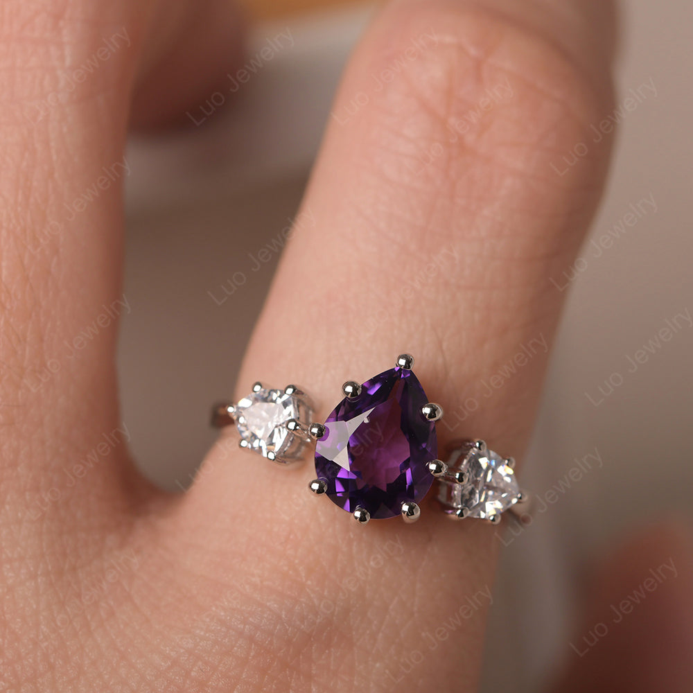 Pear Amethyst Ring With Trillion Side Stone - LUO Jewelry